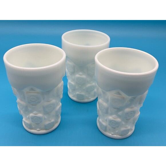 Set of 3 White Milk Glass Tumblers, Cubist Pattern, 5" Tall, Vintage Drinkware - Picture 1 of 6